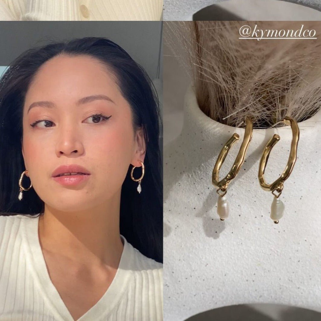 Collage of Jolene Earrings in gold – model in soft sweater styling the hoops, paired with product draped over ceramic vase rim with dried botanical stems