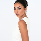 Close-up of bride looking into camera – Bianca Earrings highlighted with elegant focus