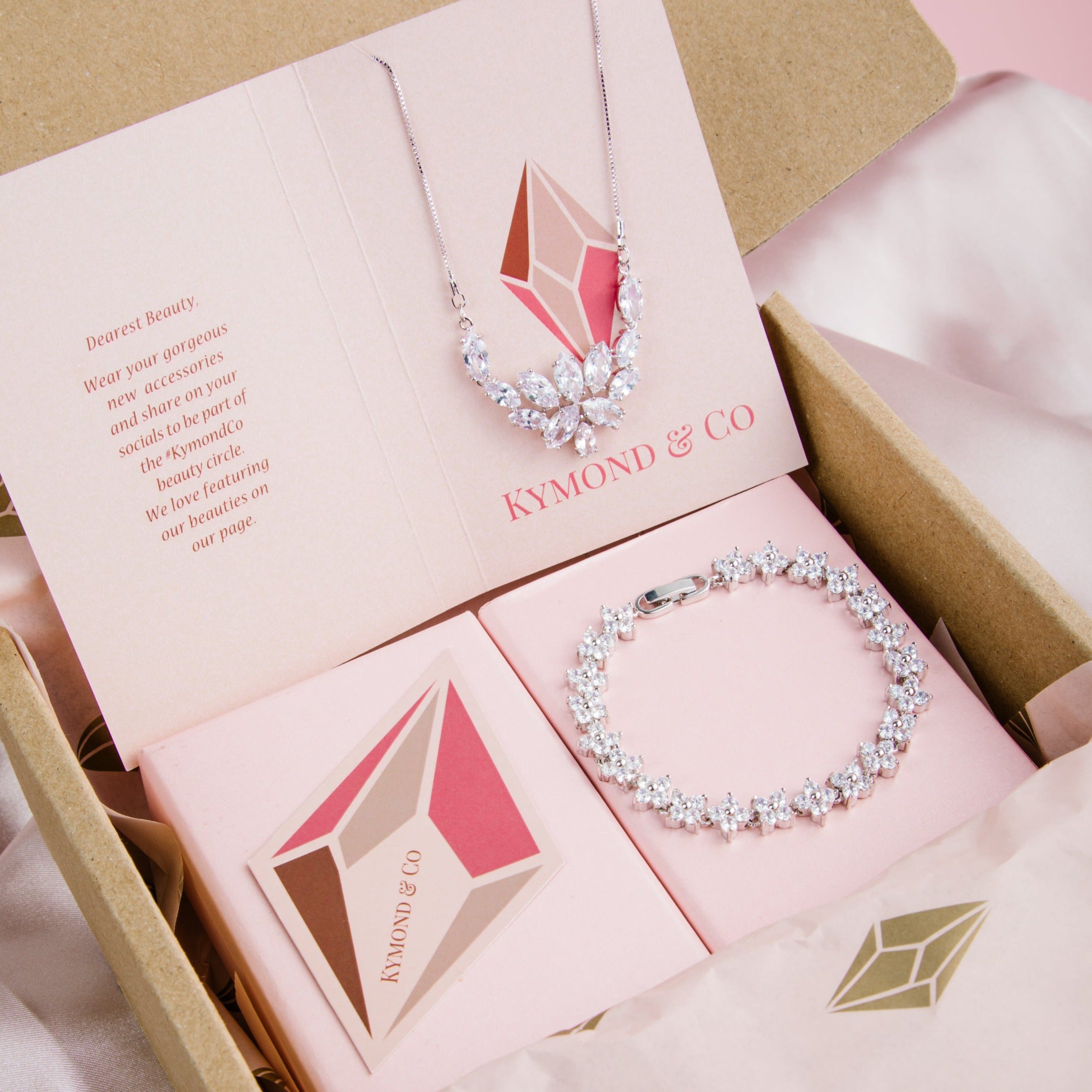 Bella Bracelet inside Kymond & Co gift box with matching necklace – elegant bridal jewellery presentation