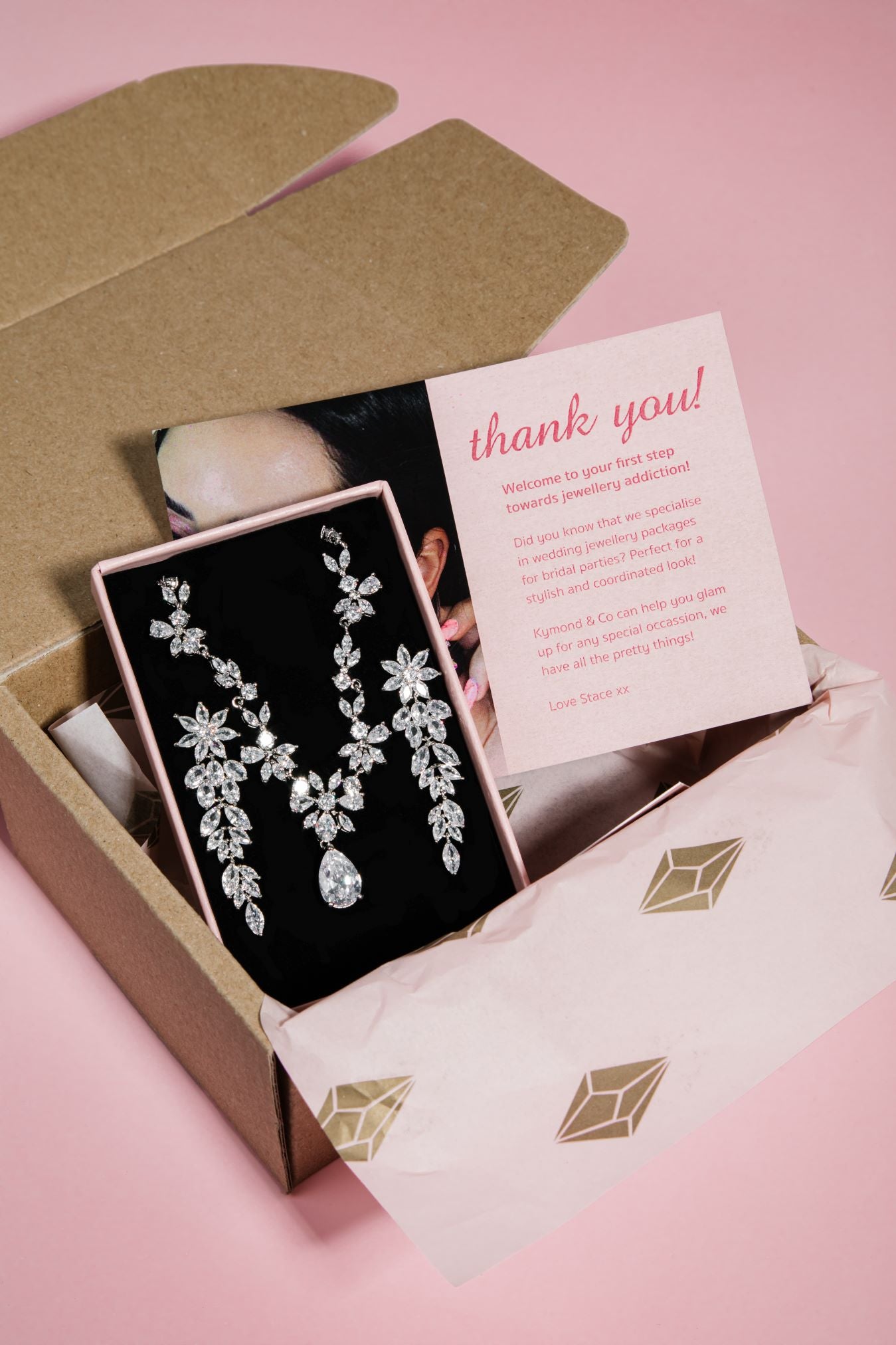 The Simone Set – wedding jewellery necklace and earrings in pink gift box with thank-you card
