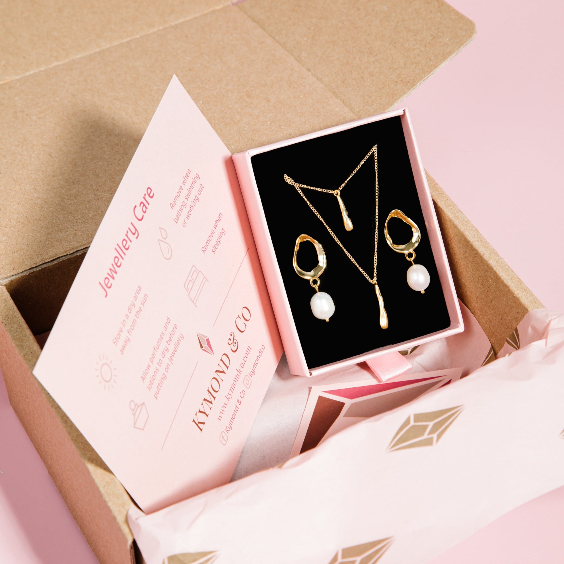 The Sophia Set – jewellery care insert and gold bridal set in pink box