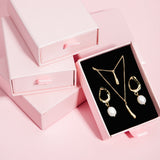 The Sophia Set – gold pearl drop bridal jewellery set in pink gift box
