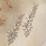 Jessica Earrings – long silver chandelier earrings with floral cubic zirconia clusters on fabric