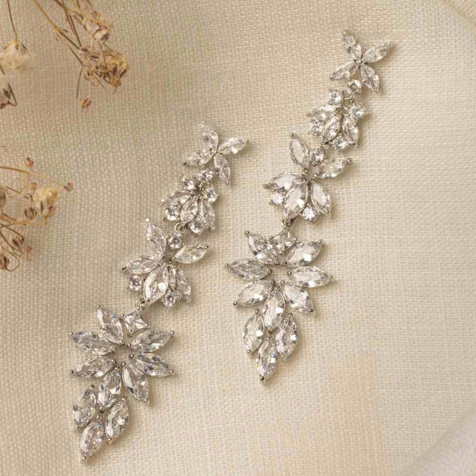 Jessica Earrings – long silver chandelier earrings with floral cubic zirconia clusters on fabric