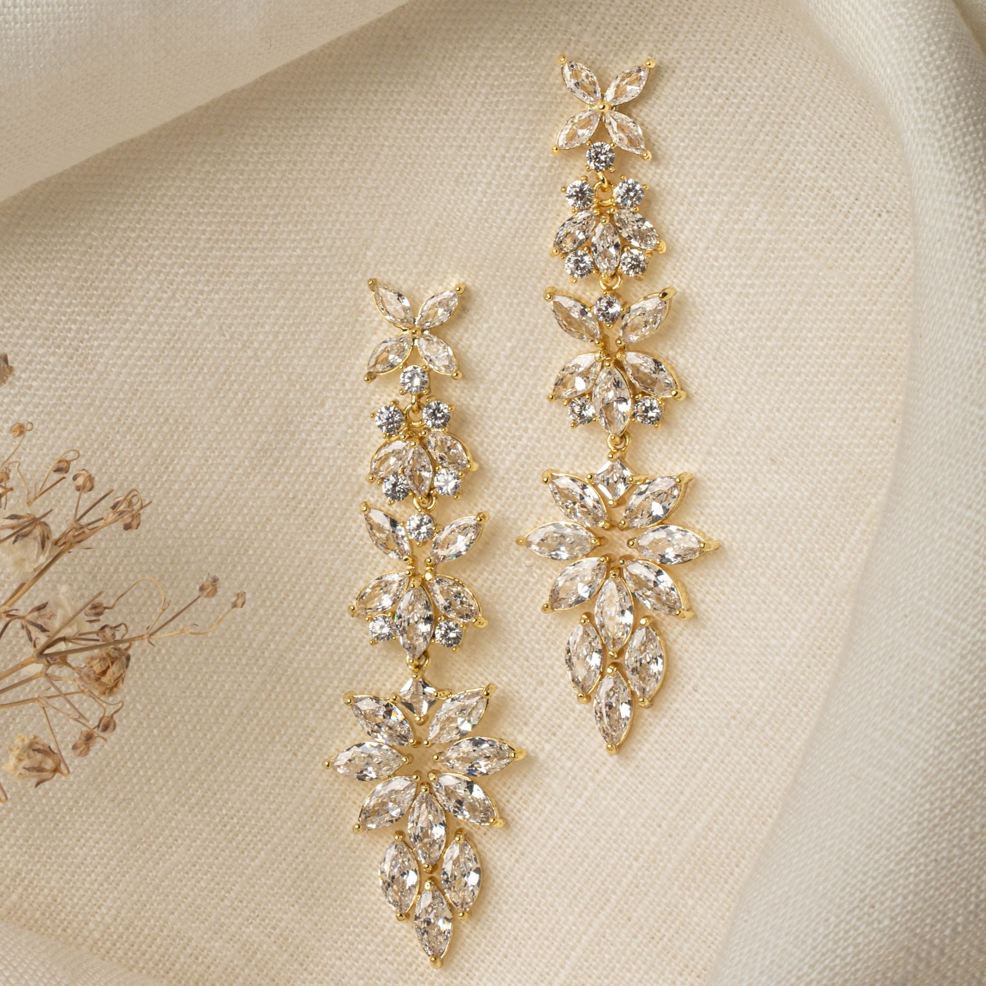 Jessica Earrings – gold-tone floral crystal drop earrings with prong-set oval stones