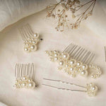  Lisa Hair Pins – full set of silver pearl hair accessories on linen cloth with dried flower in frame