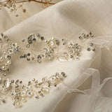Nova Hairpiece – silver bridal hair vine on linen cloth with dried flower and soft mesh ribbons