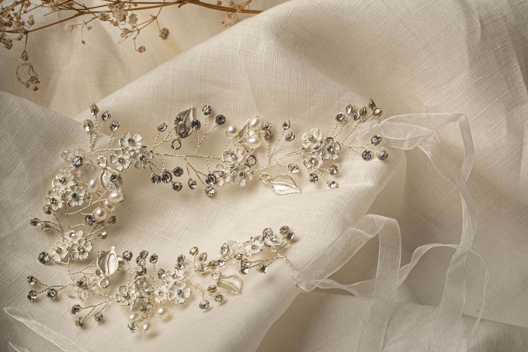 Nova Hairpiece – silver bridal hair vine on linen cloth with dried flower and soft mesh ribbons